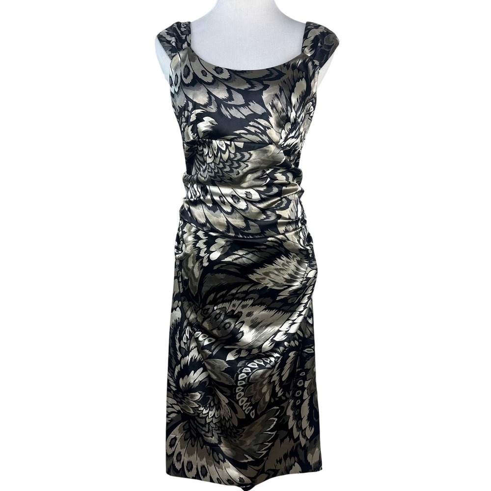 London Times Women Black Champagne Feather Print Ruched Sheath Midi Dress 10